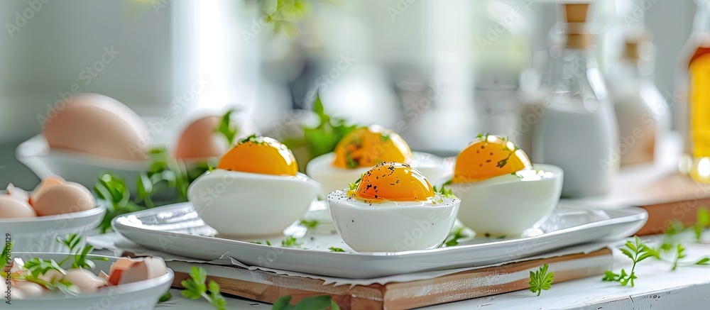 Poster Egg holders with soft boiled eggs arranged elegantly on a table leaving space for text alongside a captivating copy space image