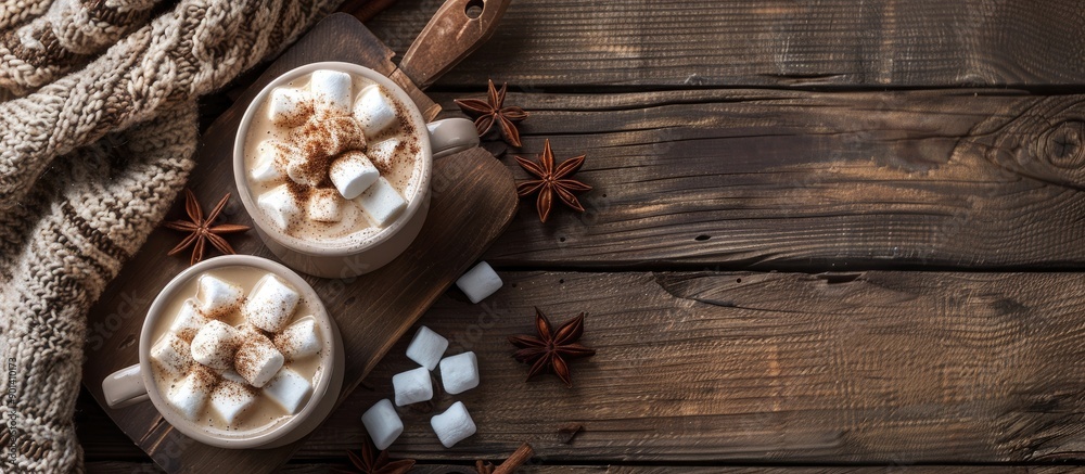Poster A rustic wooden table holds two coffee cups with milk marshmallows and cinnamon from a top view The image features copy space and a toned ambiance
