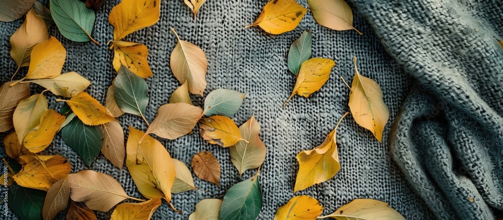 Poster Copy space image of yellow green leaves drying on a woolen surface in a flat lay composition