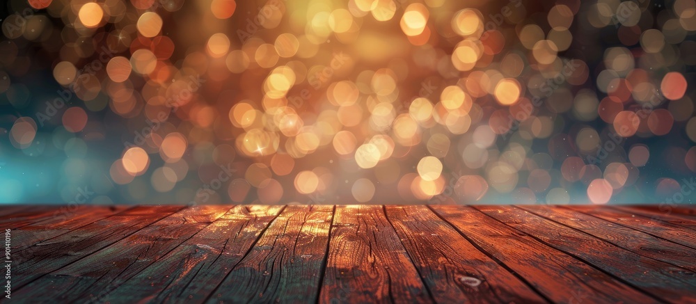 Poster template mock up showcasing your product in an empty room with a glittering bokeh wall and wooden pl