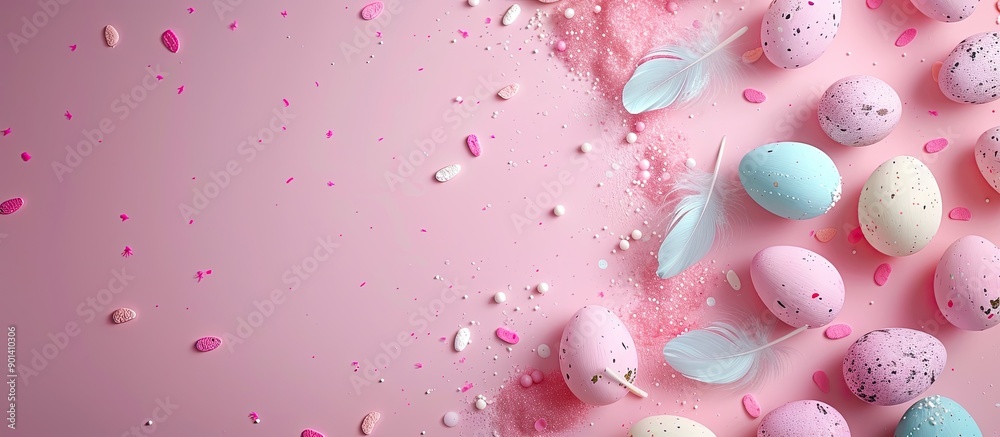 Aufkleber a minimal easter greeting card design featuring pastel pink background with colored eggs feathers an