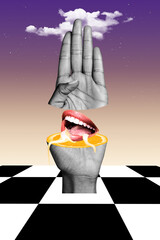 Composite collage image of surreal painting artwork hand gesture hello mouth orange cut slices freak bizarre unusual fantasy © deagreez