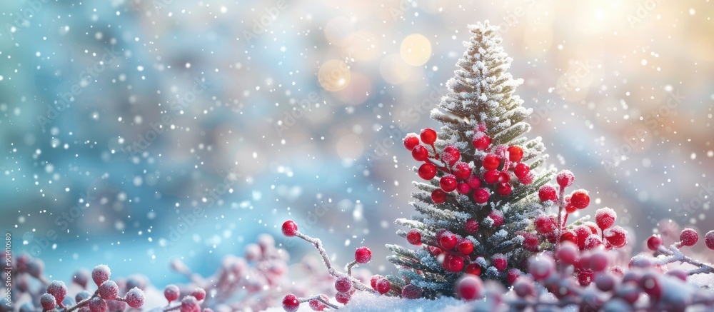 Poster winter holiday theme with a christmas tree red berries and snow effect on a background perfect for h