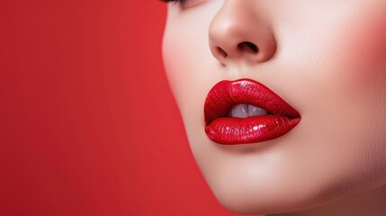 Naklejka premium Close-up of a woman's lips with red glossy lipstick