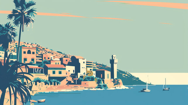 Risograph current riso print travel poster, card, wallpaper or banner illustration, modern, isolated, clear, simple of Latakia, Syria. Artistic, screen printing, stencil