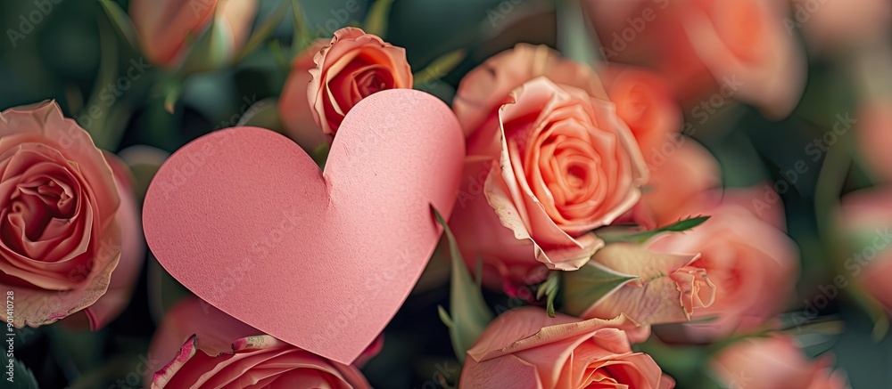 Aufkleber A pink paper heart is nestled in a bunch of lovely roses creating a charming display that could be used as a copy space image