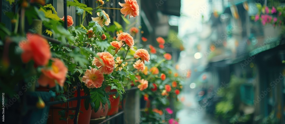Aufkleber urban environment enhanced with lush begonia flowers featuring selective focus and a background idea
