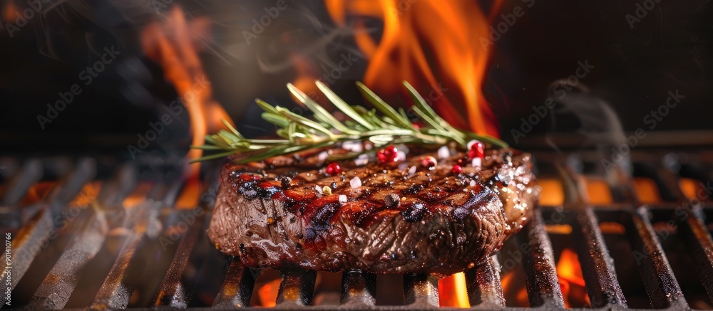 Aufkleber A succulent beef steak sizzling on a BBQ grill with a rustic background and ample copy space image making it an appetizing and wholesome meal option