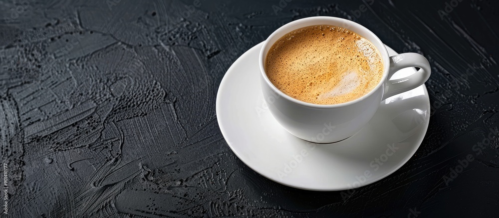 Poster Coffee cup with frothy foam on a white saucer against a dark backdrop with copy space image