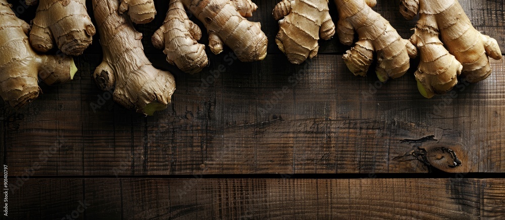 Poster ginger roots on a dark wooden backdrop with copy space image