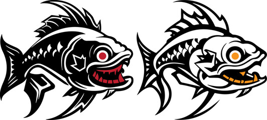 Naklejka premium Dynamic illustration of two stylized fish designs with sharp features and contrasting colors. Perfect for bold graphic use.