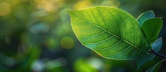A close up view of a green leaf against a blurred garden background with copy space image for a natural and fresh wallpaper concept