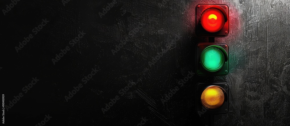 Poster Traffic light on a black background with empty space for text or image. copy space available