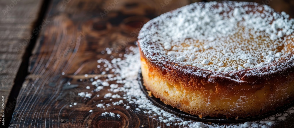 Poster close up of a cheesecake with powdered sugar resting on a dark wooden table with copy space image