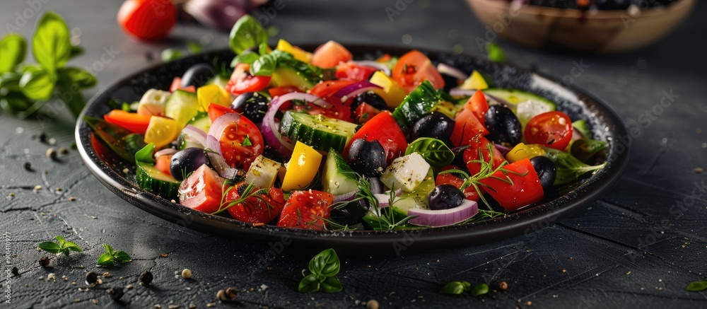 Poster a traditional greek salad displayed on a dark background with room for additional text or images