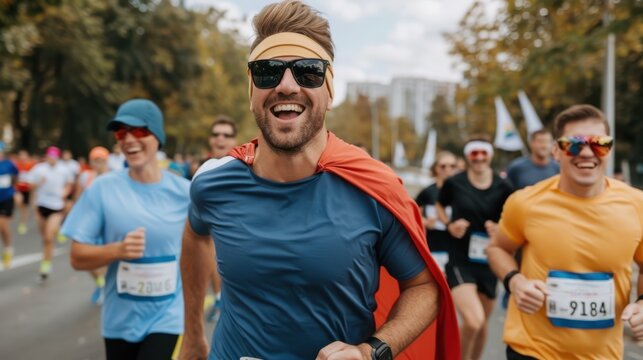 A joyful man wearing a costume cape and sunglasses runs a race outdoors, accompanied by fellow enthusiastic runners, showcasing excitement and community spirit.