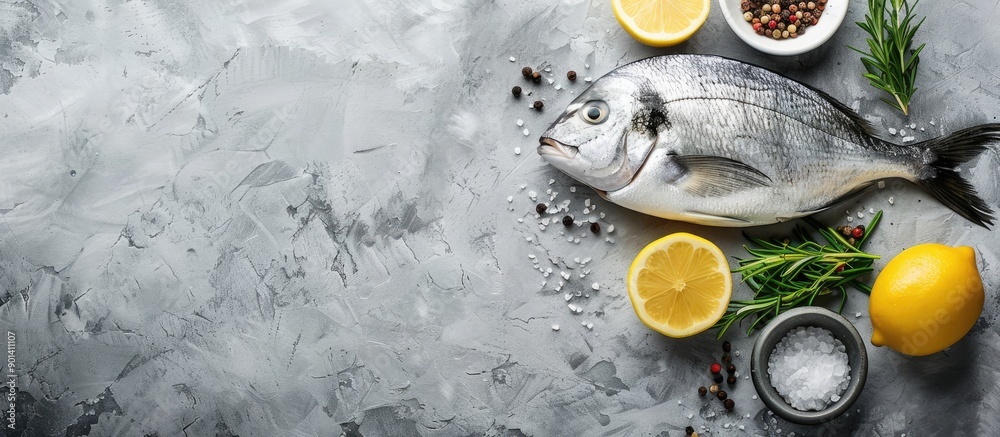 Aufkleber flat lay composition featuring fresh dorado fish and ingredients on a grey table with a designated c