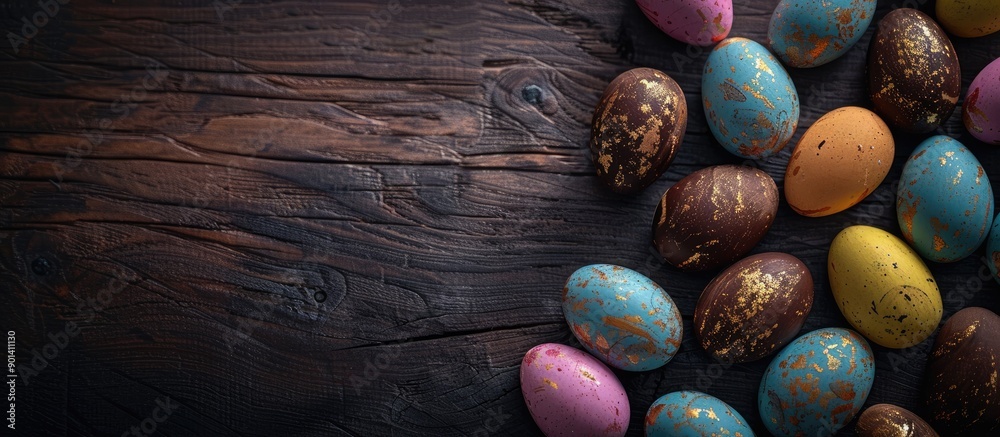 Poster Top view of chocolate Easter eggs set against a dark wooden surface with ample copy space image
