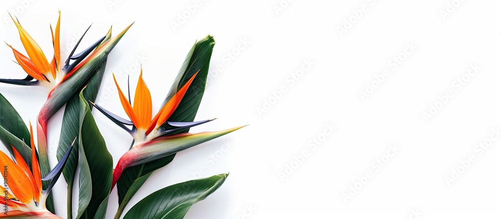 Poster Bird of Paradise flowers Strelitzia reginae displayed in a white backdrop with copy space image