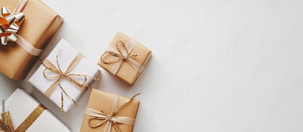Poster elegant paper wrapped vertical gift boxes on a white background with copy space image