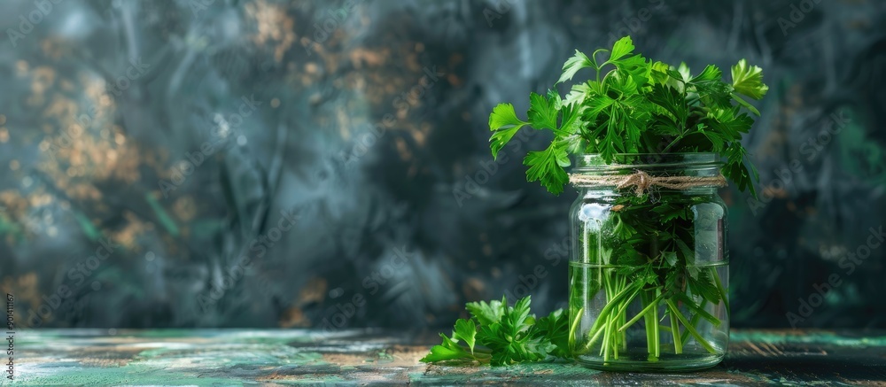 Poster jar with vibrant green parsley on a tabletop providing ample copy space for text