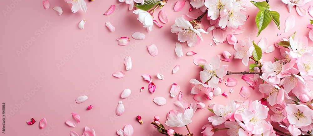 Poster close up of lovely spring tree blossoms and petals on a pink background with a section designated fo