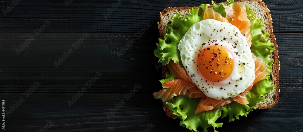 Poster Copy space image featuring a poached egg and salmon on lettuce atop toast bread for breakfast set against a sleek black wooden backdrop