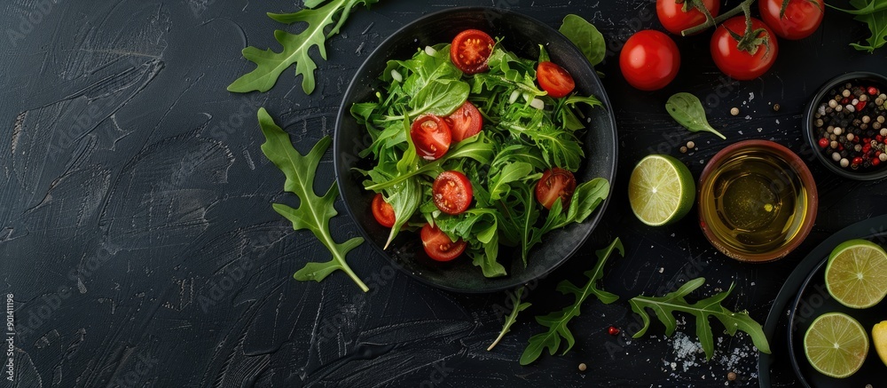Poster Fresh green salad with tomatoes dressed in oil and lime presented on a black table with ingredients around it creating a perfect copy space image