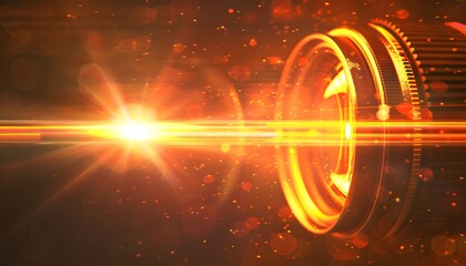 Fototapeta premium camera lens closeup lit by orange and purple neon light