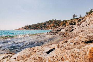A blue transparent sea in the mountains