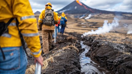 Scientists trekking across a volcanic field with protective gear, showcasing dedication to research and the pursuit of knowledge amid challenging and dangerous environments.