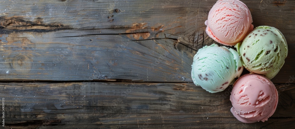Poster Scrumptious ice cream scoops displayed on a rustic wooden surface with room for text or other elements in the image. copy space available