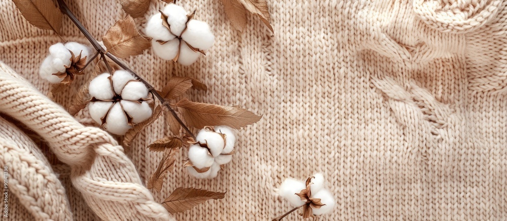 Aufkleber top view copy space image featuring a cozy autumn setup with cotton flowers on a knitted beige sweat