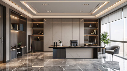 Obraz premium Elegant office with a minimalist aesthetic, featuring a clean workspace and ample natural light 