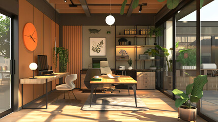Minimalist co-working area with a clean and organized setup, promoting a productive and serene work environment 
