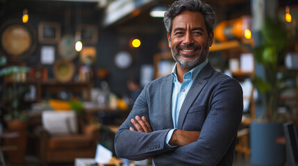 Fototapeta premium Indian company executive manager with arms crossed, happy and confident in his office environment.