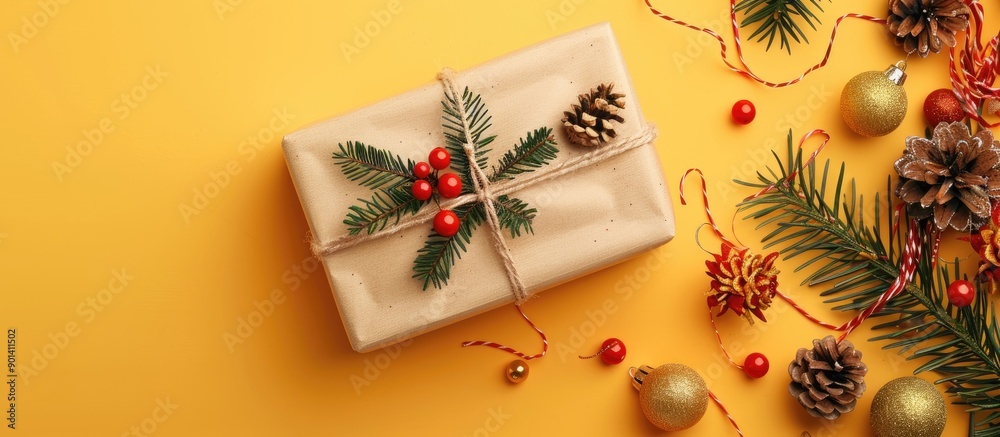 Poster a festive gift box for christmas displayed over a bright yellow backdrop creating a charming composi