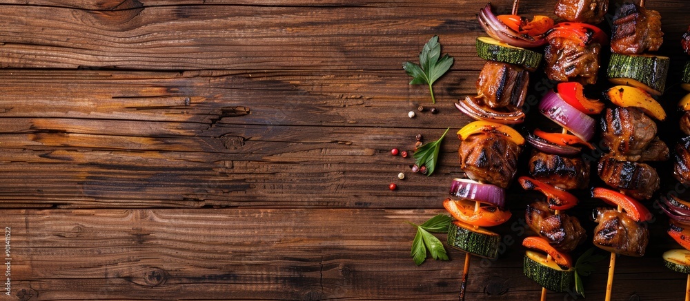 Aufkleber Top view image of grilled meat skewers with vegetables on a wooden background providing copy space for text or design elements