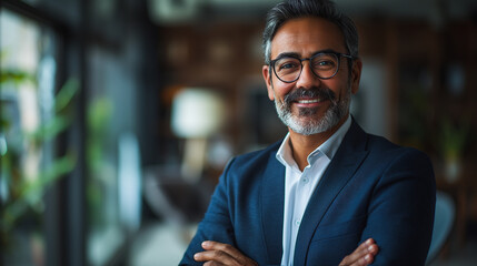Naklejka premium Confident Indian businessman standing with arms crossed, professional leader smiling in a modern office.