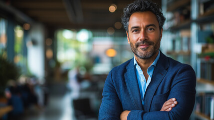 Fototapeta premium Confident Indian businessman standing with arms crossed, professional leader smiling in a modern office.