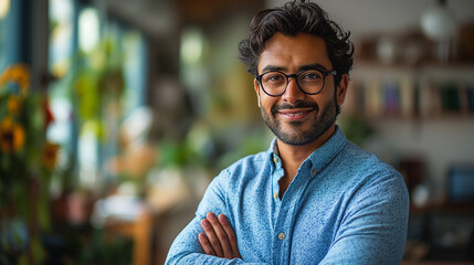 Fototapeta premium Smiling male Indian employee, business executive manager standing with arms crossed, exuding confidence in the office.