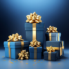 Fototapeta premium Gift boxes with golden ribbons and bows. Blue background. Holiday and birthday presents. Merry Christmas and Happy New Year. Photo generated by Ai technology