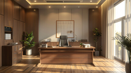 Professional office with a minimalist layout, featuring a tidy desk and modern, minimalistic furnishings 