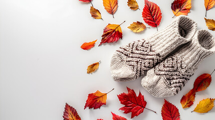 Cozy Knitted Socks with Autumn Leaves on White Background