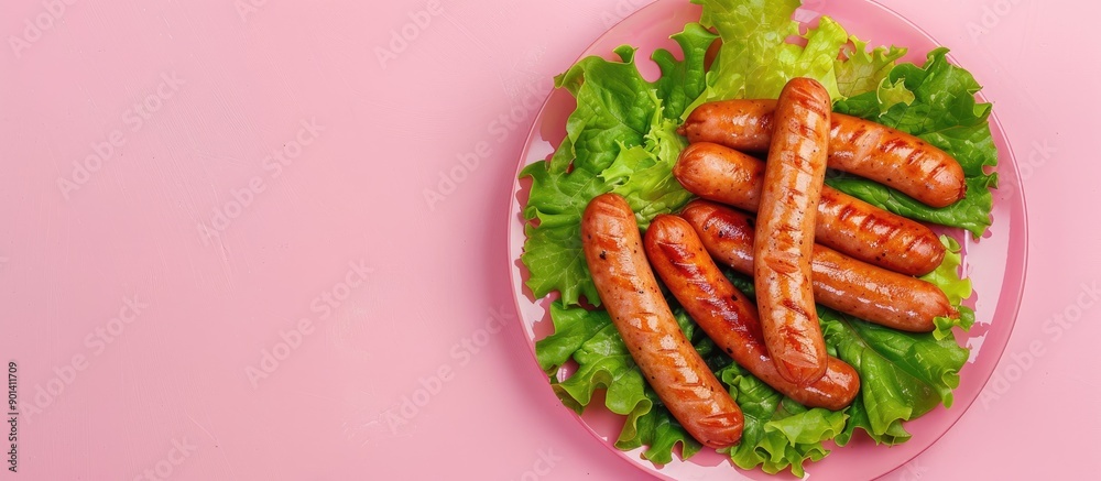 Poster plate of delicious boiled sausages with lettuce and cheese on a pink background with copy space imag