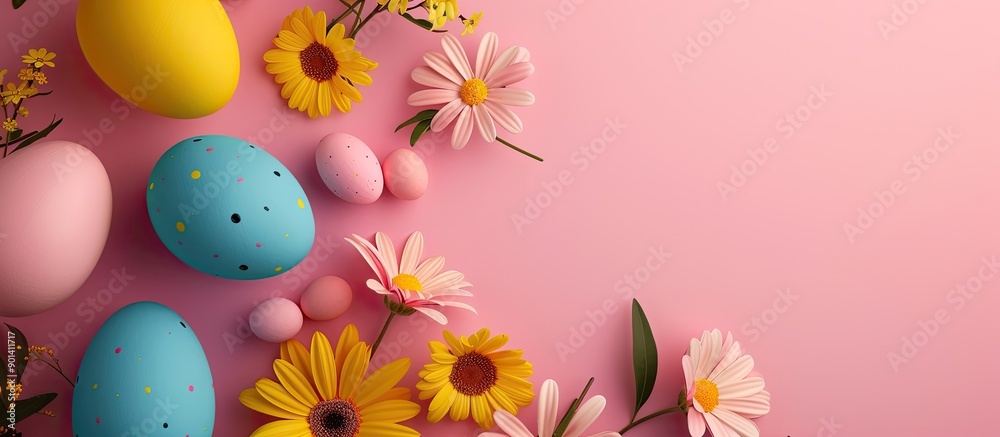 Aufkleber easter greeting card with vibrant eggs and flowers on soft pink backdrop from above showcasing copy 
