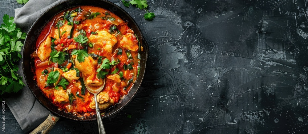 Aufkleber Top view of a delectable chicken curry in a frying pan with a spoon set on a grey table providing ample copy space image