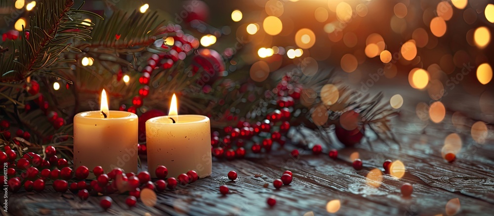 Leinwandbilder Beautiful Christmas background with two small round candles displayed on a wooden surface with a background of tree branches red beads and garlands ideal for a festive card with copy space image