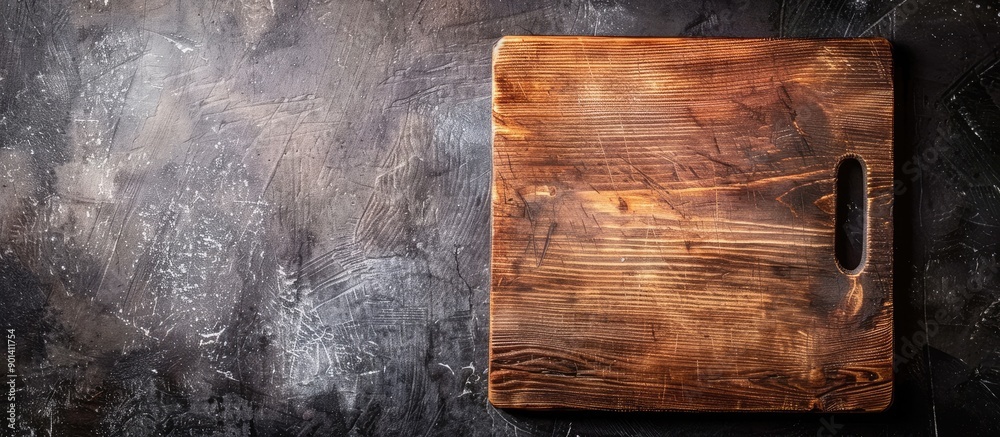 Poster Top view of a wooden texture chopping cutting board on a dark stone background with copy space image