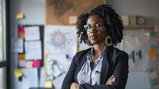 Businesswoman presenting efficiency improvement strategies with visual aids in a well-lit office space 